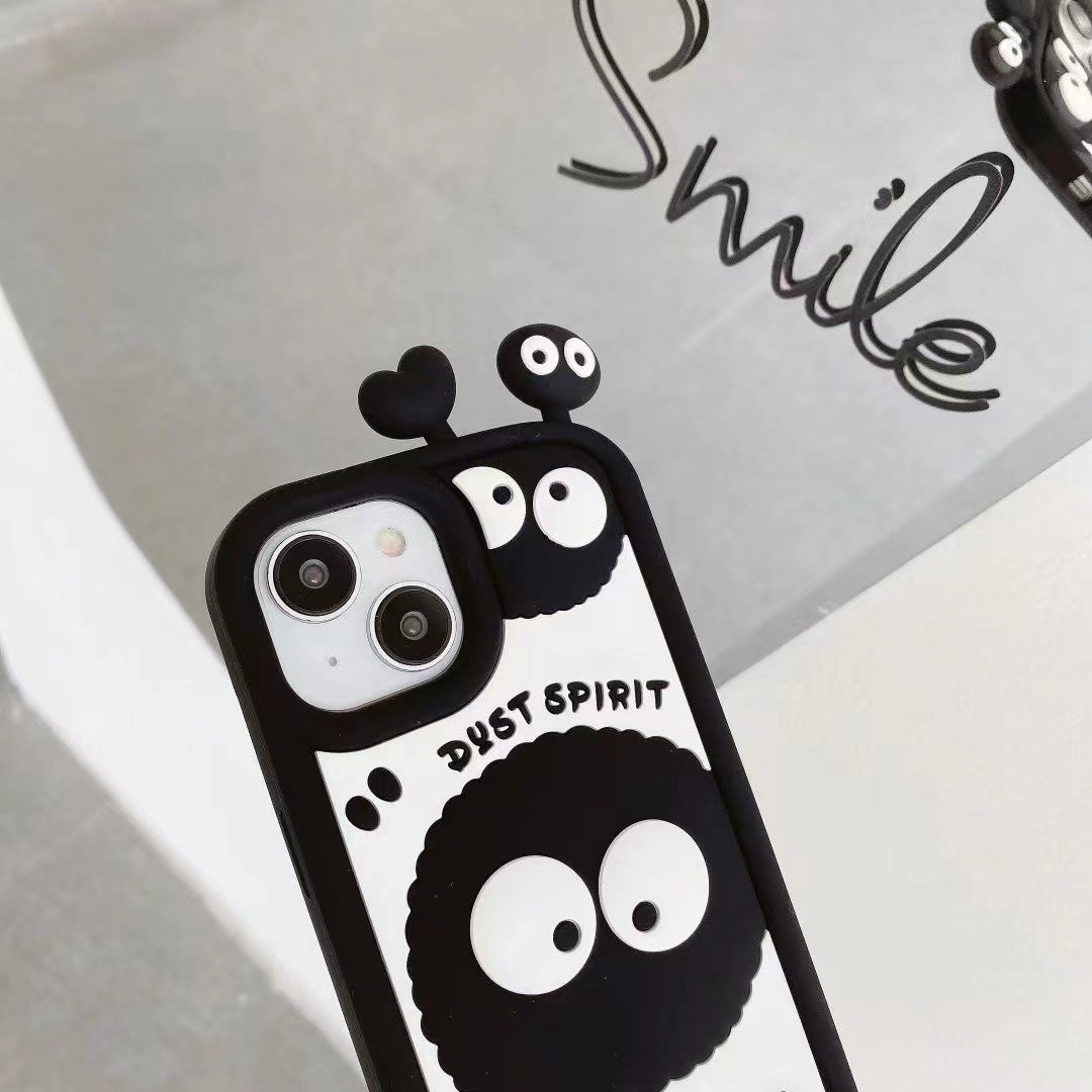 Cute Black coal balls 3D eye Silicone Mobile Phone Case For iPhone 16 15 14 13 12 Pro max Heart cartoon Shockproof Back cover