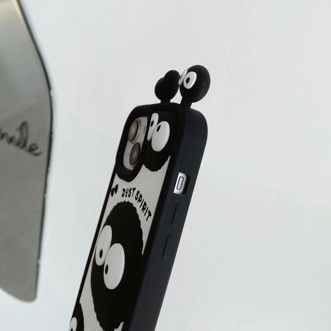 Cute Black coal balls 3D eye Silicone Mobile Phone Case For iPhone 16 15 14 13 12 Pro max Heart cartoon Shockproof Back cover