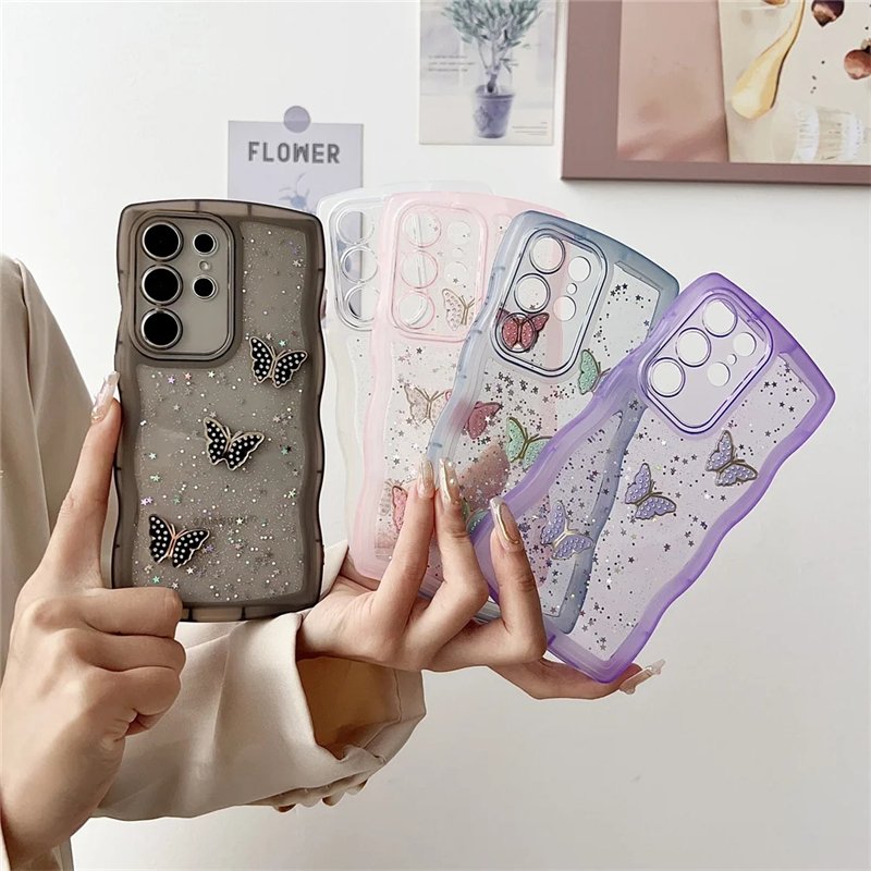 Beautiful Glitter Butterfly Phone Case For Samsung Galaxy S24 S23 S22 Ultra A35 A55 A54 A53 A15 Soft TPU Wave Clear Back Cover