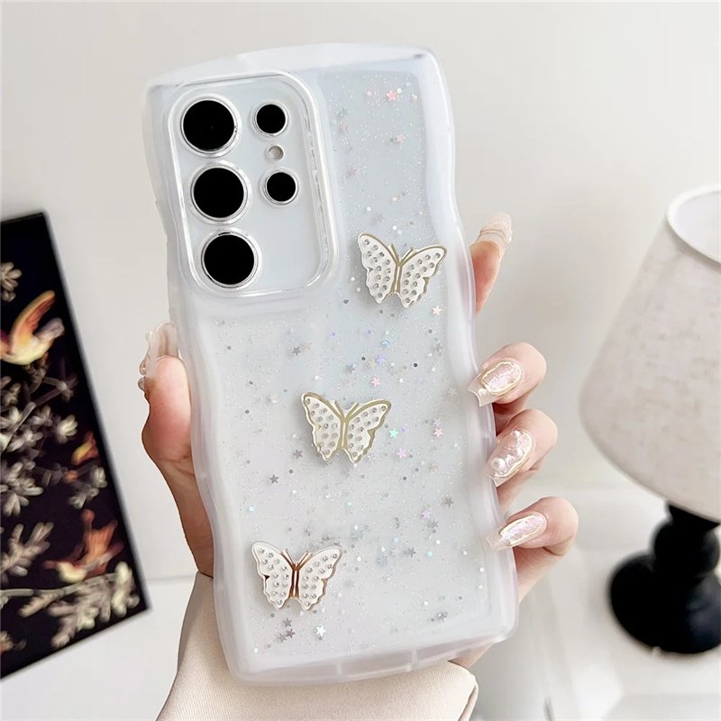 Beautiful Glitter Butterfly Phone Case For Samsung Galaxy S24 S23 S22 Ultra A35 A55 A54 A53 A15 Soft TPU Wave Clear Back Cover