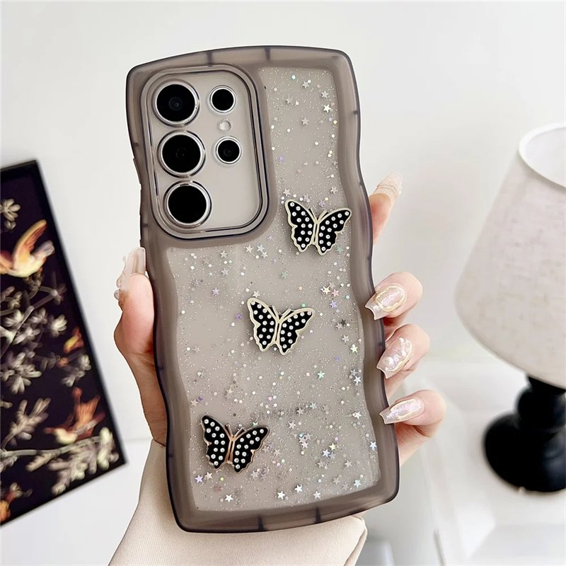 Beautiful Glitter Butterfly Phone Case For Samsung Galaxy S24 S23 S22 Ultra A35 A55 A54 A53 A15 Soft TPU Wave Clear Back Cover