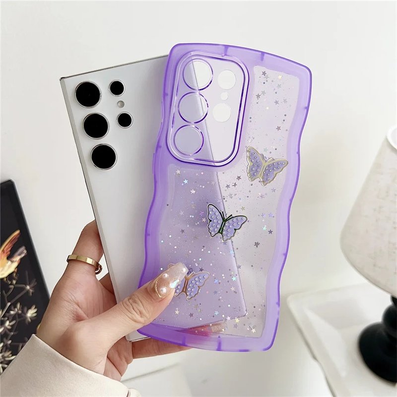 Beautiful Glitter Butterfly Phone Case For Samsung Galaxy S24 S23 S22 Ultra A35 A55 A54 A53 A15 Soft TPU Wave Clear Back Cover