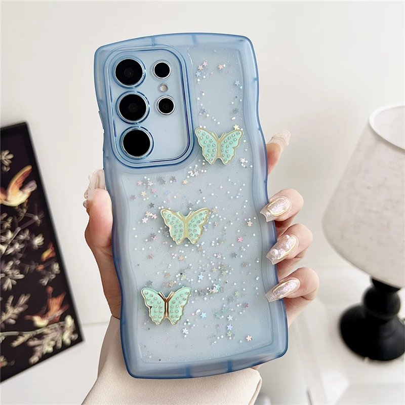 Beautiful Glitter Butterfly Phone Case For Samsung Galaxy S24 S23 S22 Ultra A35 A55 A54 A53 A15 Soft TPU Wave Clear Back Cover