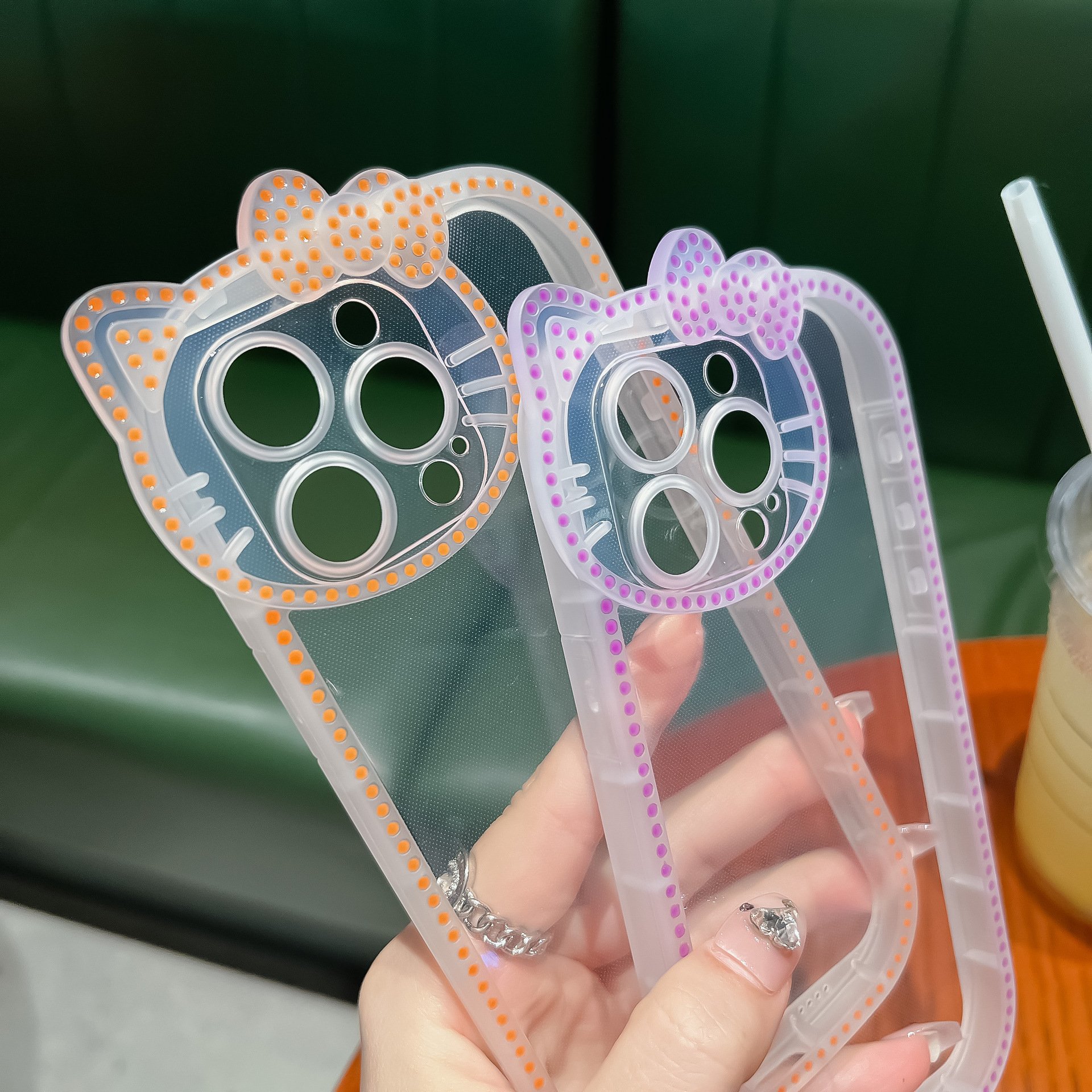 Noctilucent fluorescence Kitty cat bowknot clear mobile phone case for iphone 16 15 14 pro max shockproof Transparent back cover