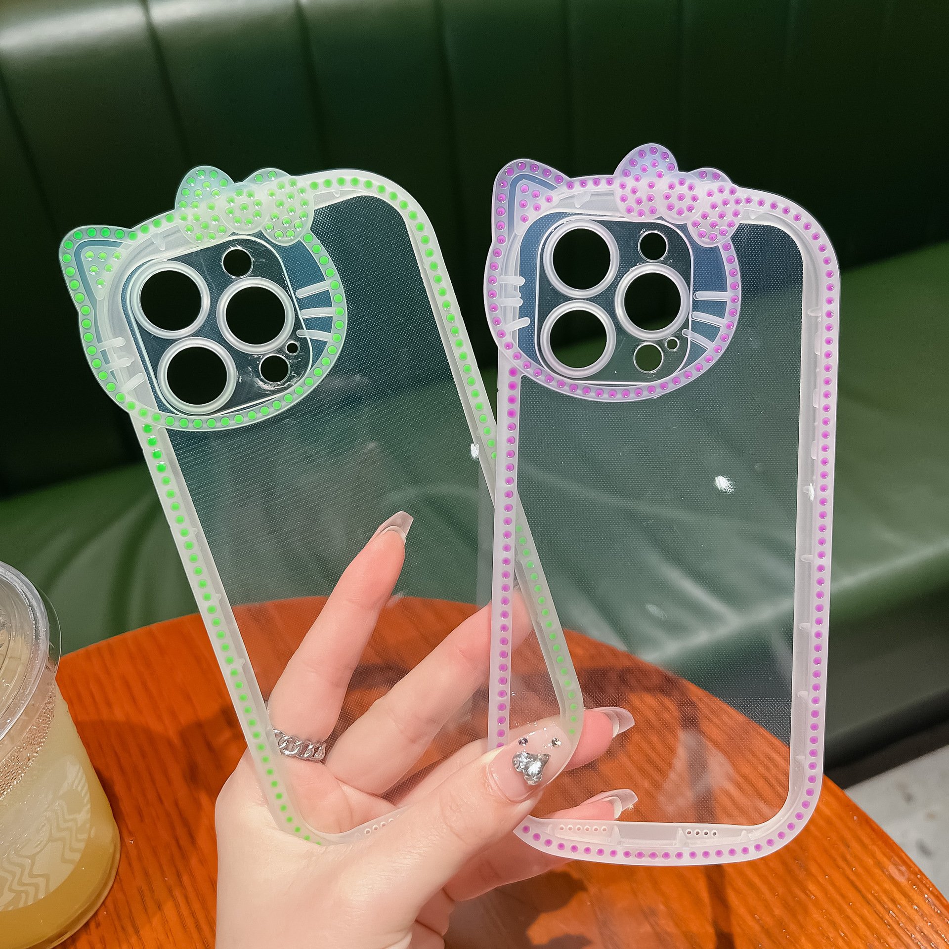 Noctilucent fluorescence Kitty cat bowknot clear mobile phone case for iphone 16 15 14 pro max shockproof Transparent back cover