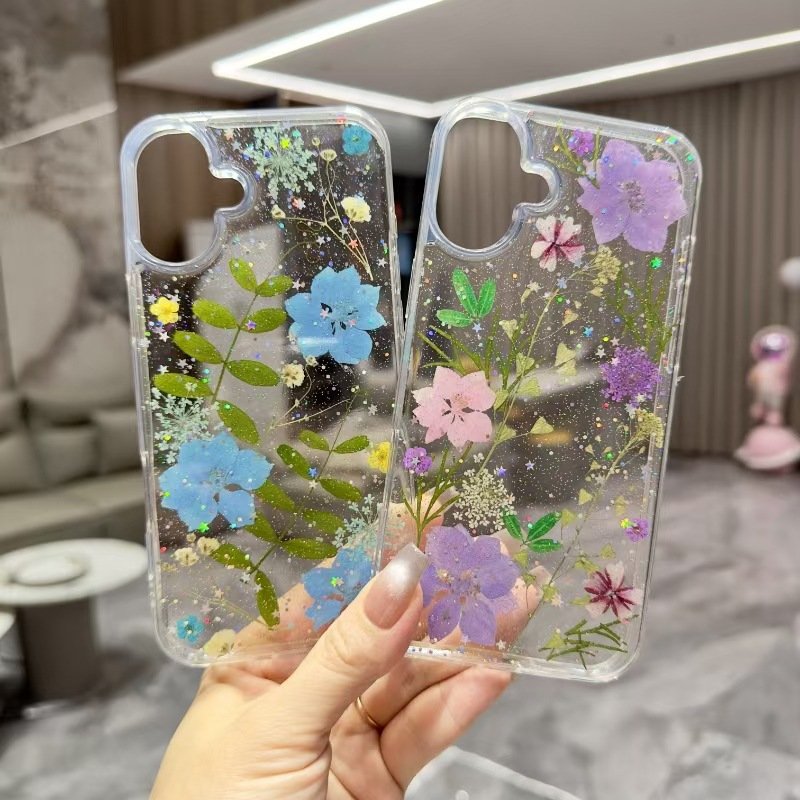 Diamond Patterned Real Flower Mobile Phone Case for iPhone 15 16 Street Fashion Design with Epoxy Shockproof Dried Protection