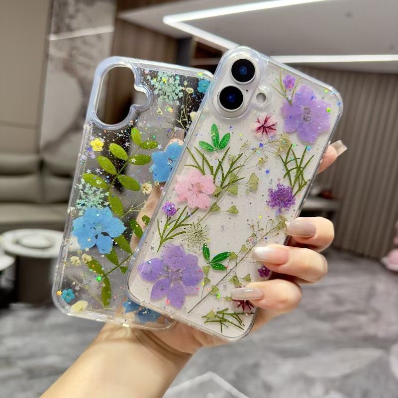 Diamond Patterned Real Flower Mobile Phone Case for iPhone 15 16 Street Fashion Design with Epoxy Shockproof Dried Protection