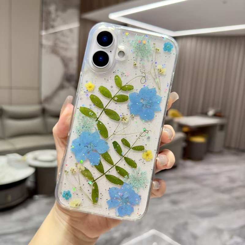 Diamond Patterned Real Flower Mobile Phone Case for iPhone 15 16 Street Fashion Design with Epoxy Shockproof Dried Protection