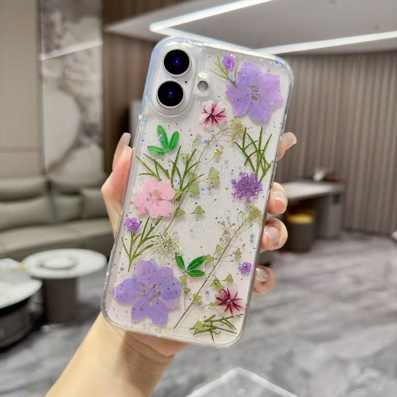 Diamond Patterned Real Flower Mobile Phone Case for iPhone 15 16 Street Fashion Design with Epoxy Shockproof Dried Protection