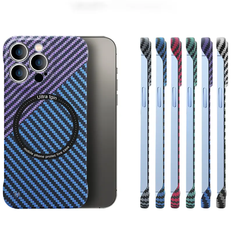 Borderless carbon fiber pattern magnetic leather wireless charging phone case for iPhone 14 13 12 11 Pro Plus Max