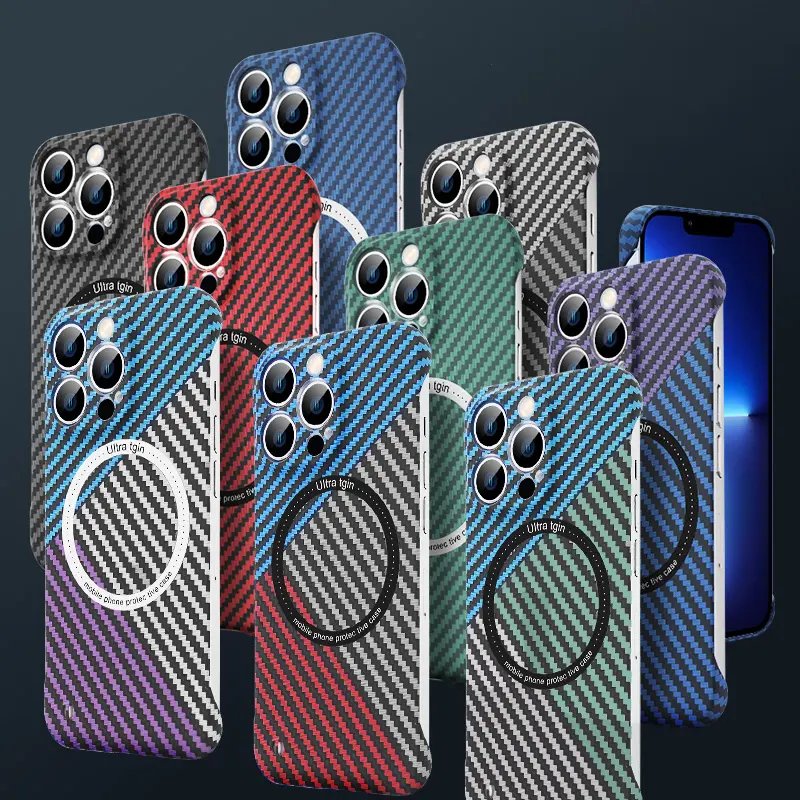 Borderless carbon fiber pattern magnetic leather wireless charging phone case for iPhone 14 13 12 11 Pro Plus Max