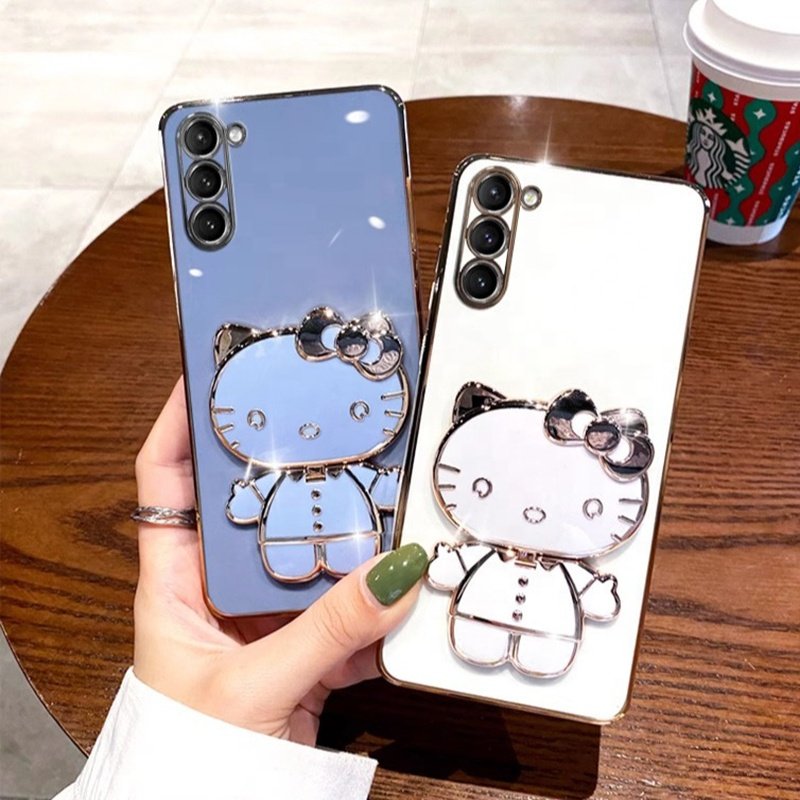 High-end Electroplating Makeup Mirror Holder for Samsung S24Ultra S24PLUS S23 S22 Cute Kitty KT Cat Bracket Mobile Phone Case