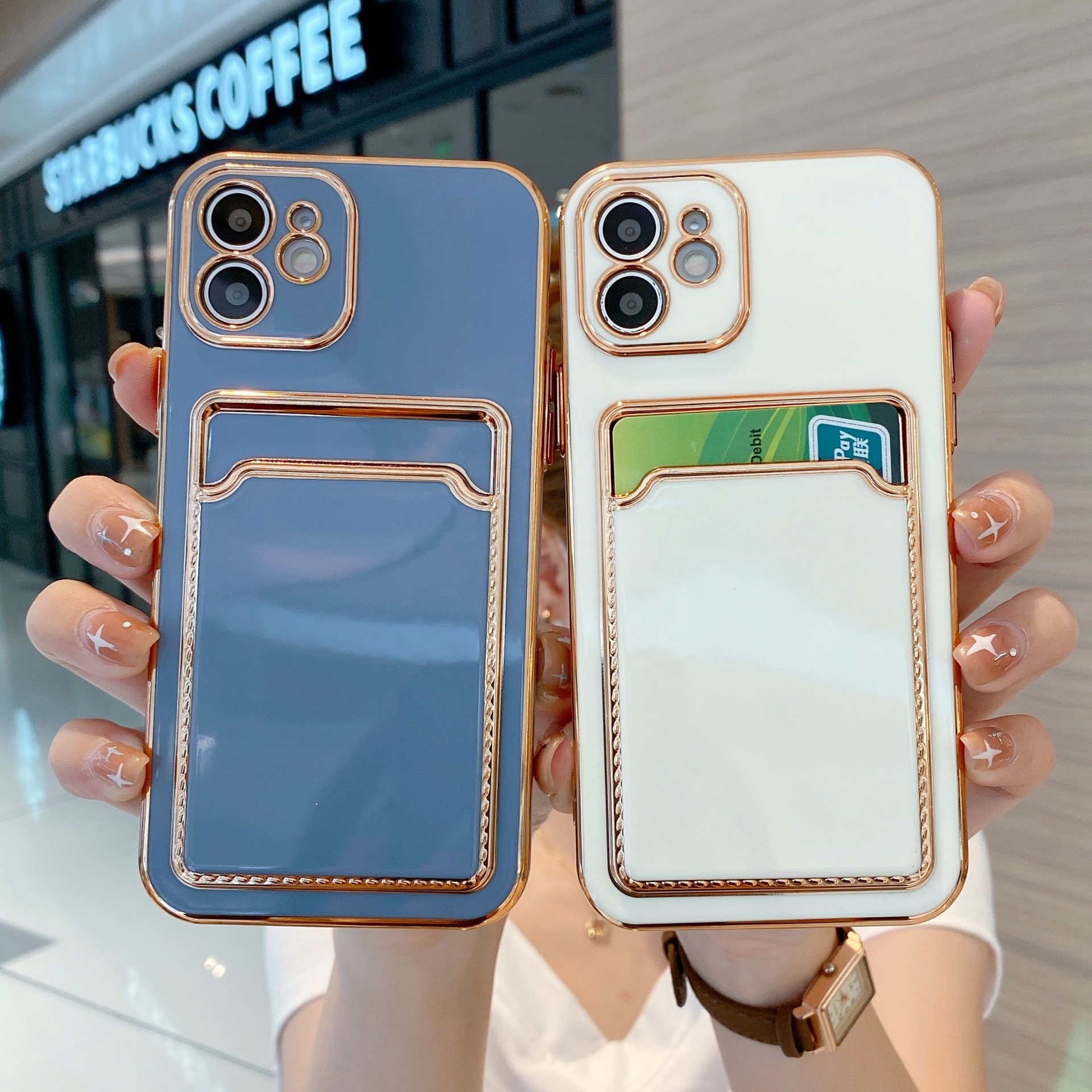 2024 Luxury Plating TPU Phone Case Credit Card Holder Pocket Wallet Phone Case for iPhone 16 15 14 13 12 11 Pro Max Case Cover