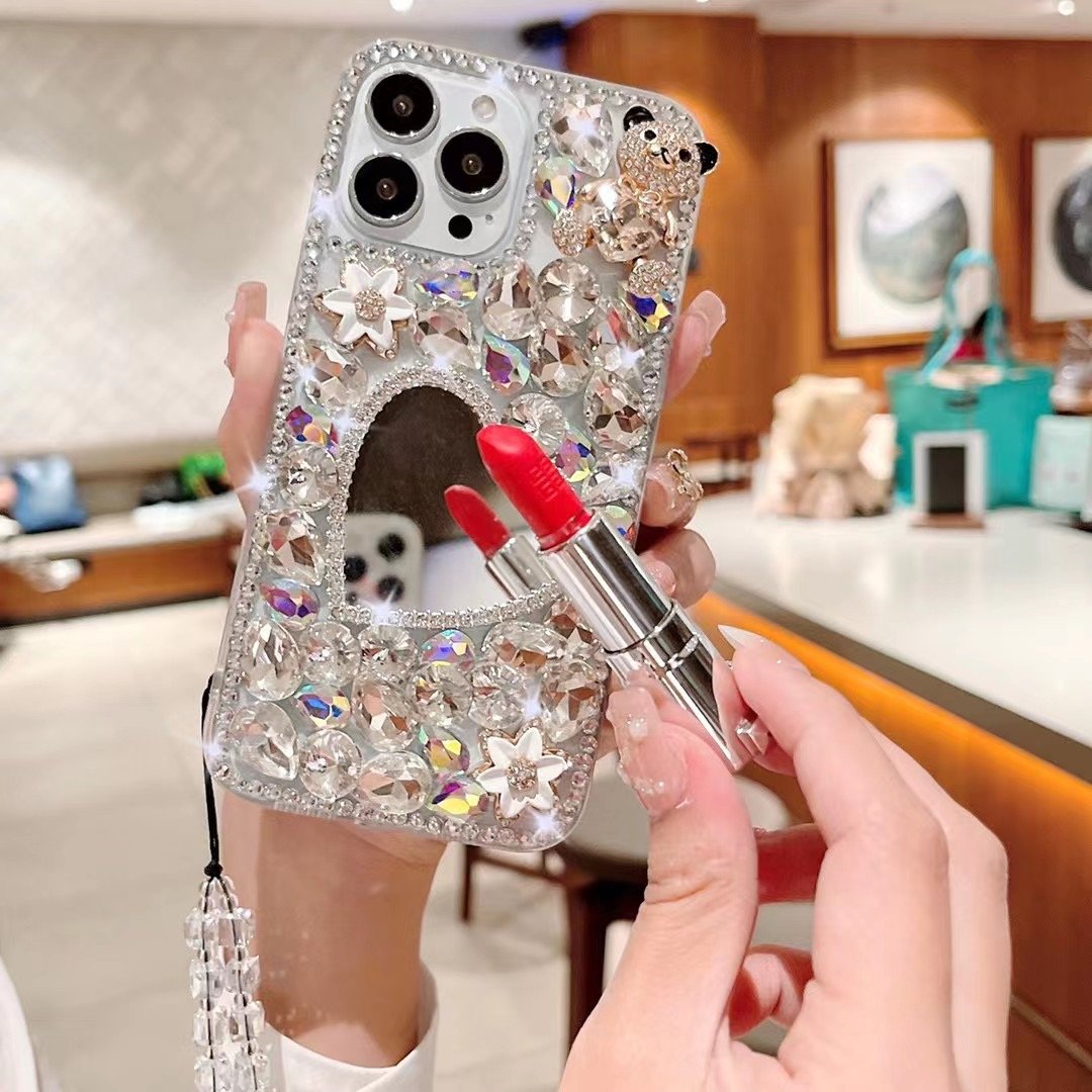 New Handmade Custom Phone Case Cover For Iphone 16 16 Pro 16 Pro Max Glass Rhinestones Diamond Women Case With Mirror
