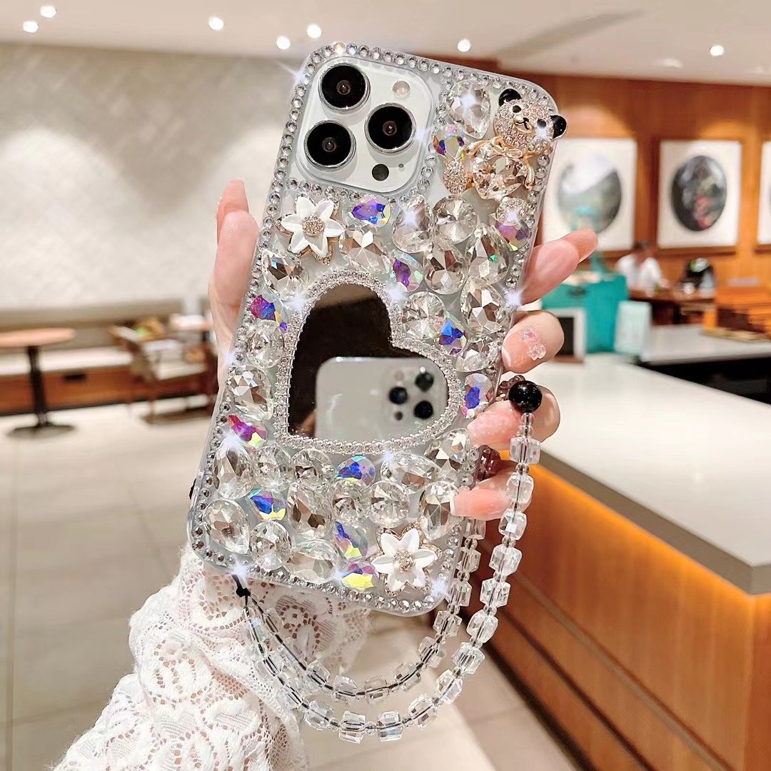 New Handmade Custom Phone Case Cover For Iphone 16 16 Pro 16 Pro Max Glass Rhinestones Diamond Women Case With Mirror