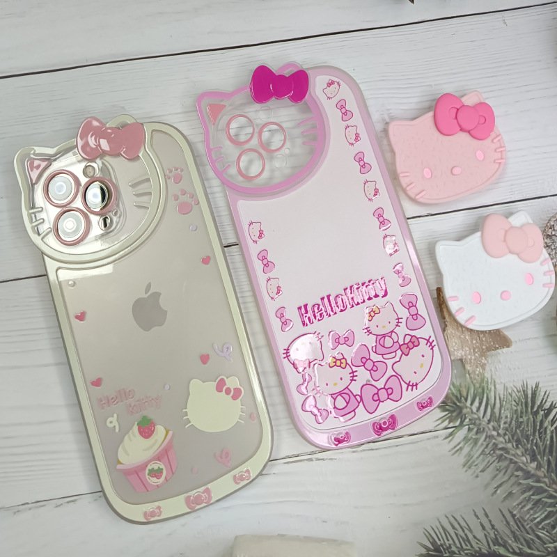 Applicable to iPhone15 cartoon KT cat with stand holder soft mobile phone case