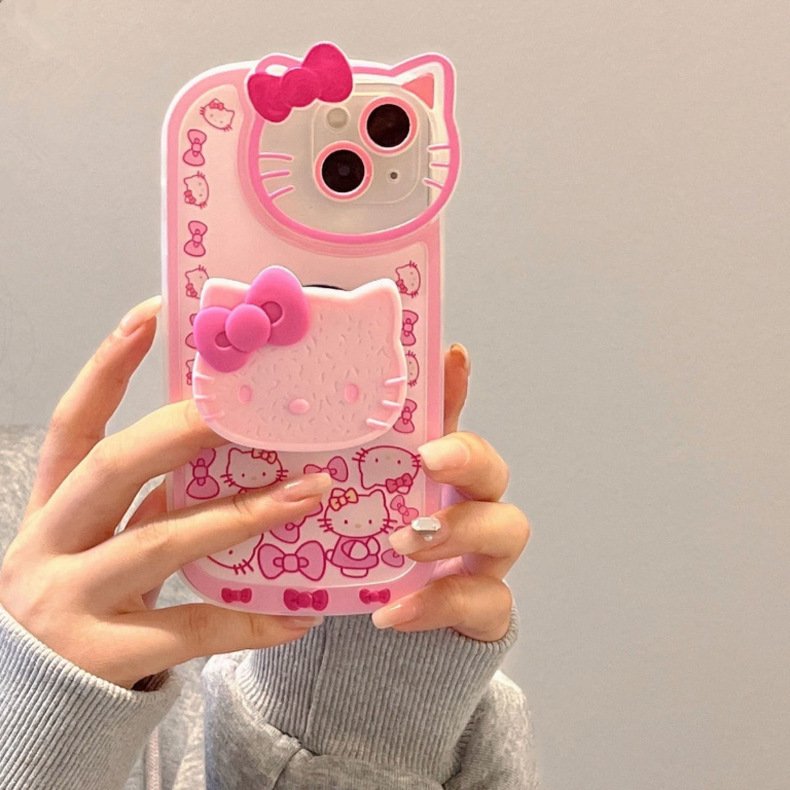 Applicable to iPhone15 cartoon KT cat with stand holder soft mobile phone case