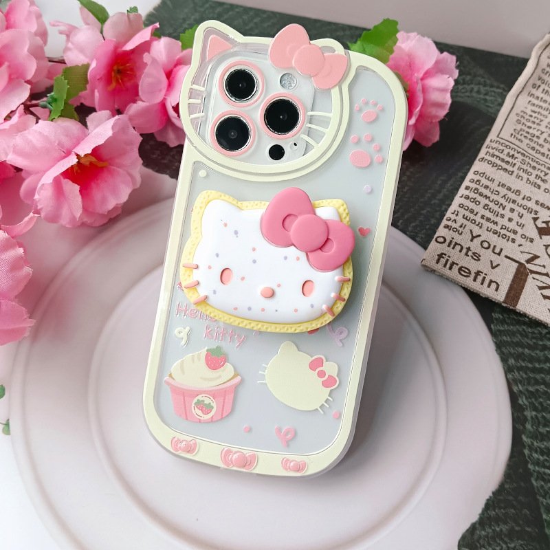 Applicable to iPhone15 cartoon KT cat with stand holder soft mobile phone case