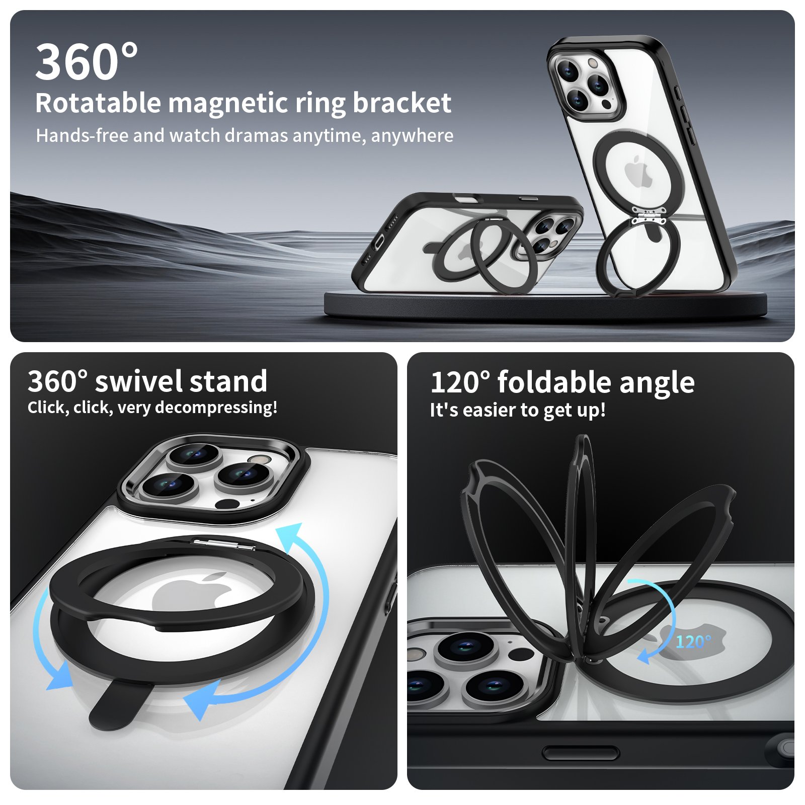 For iPhone 16 15 14 pro max Magnetic Rotation Stand luxury Phone Case Metal lens protection frame Transparent Protective Cover