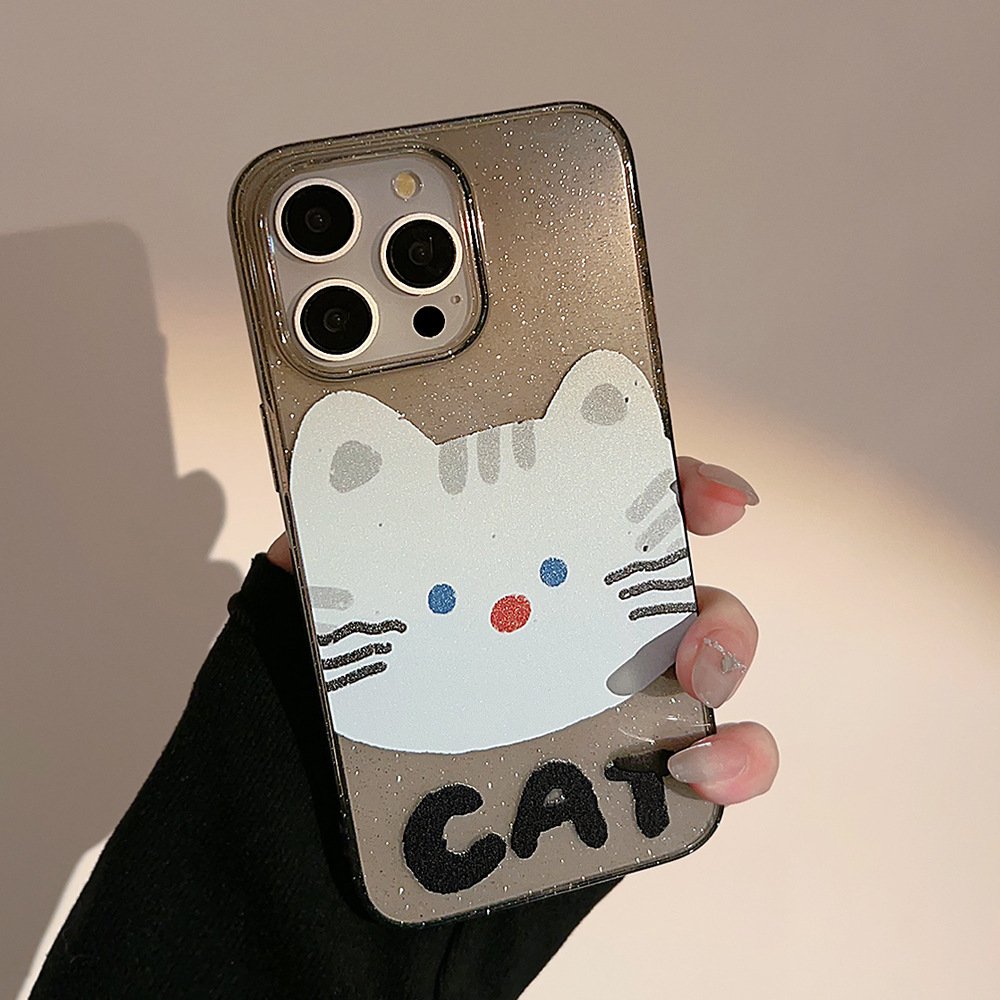 For iPhone 15 14 13 12 11 Pro Max Transparent Black Soft TPU Cute Cartoon Big Face Cat Shiny Mobile Phone Case