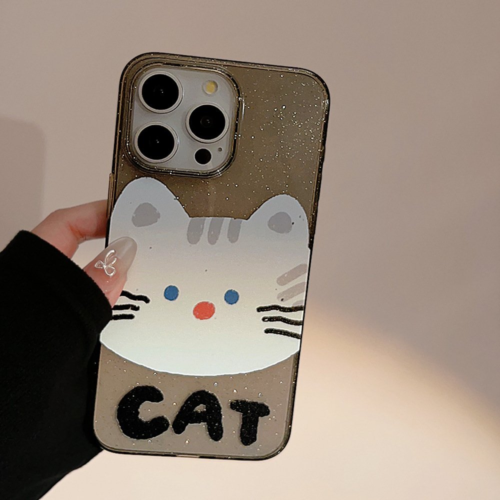 For iPhone 15 14 13 12 11 Pro Max Transparent Black Soft TPU Cute Cartoon Big Face Cat Shiny Mobile Phone Case