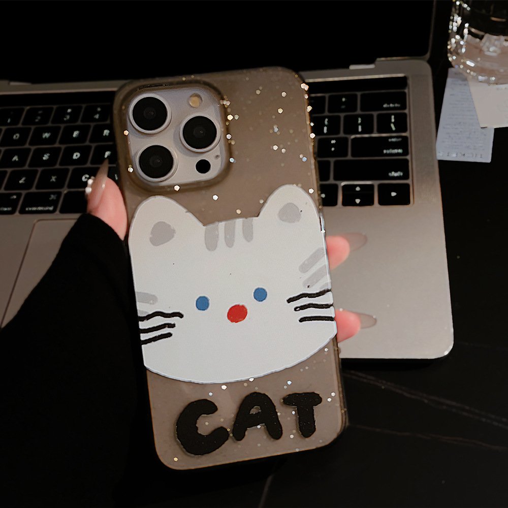 For iPhone 15 14 13 12 11 Pro Max Transparent Black Soft TPU Cute Cartoon Big Face Cat Shiny Mobile Phone Case