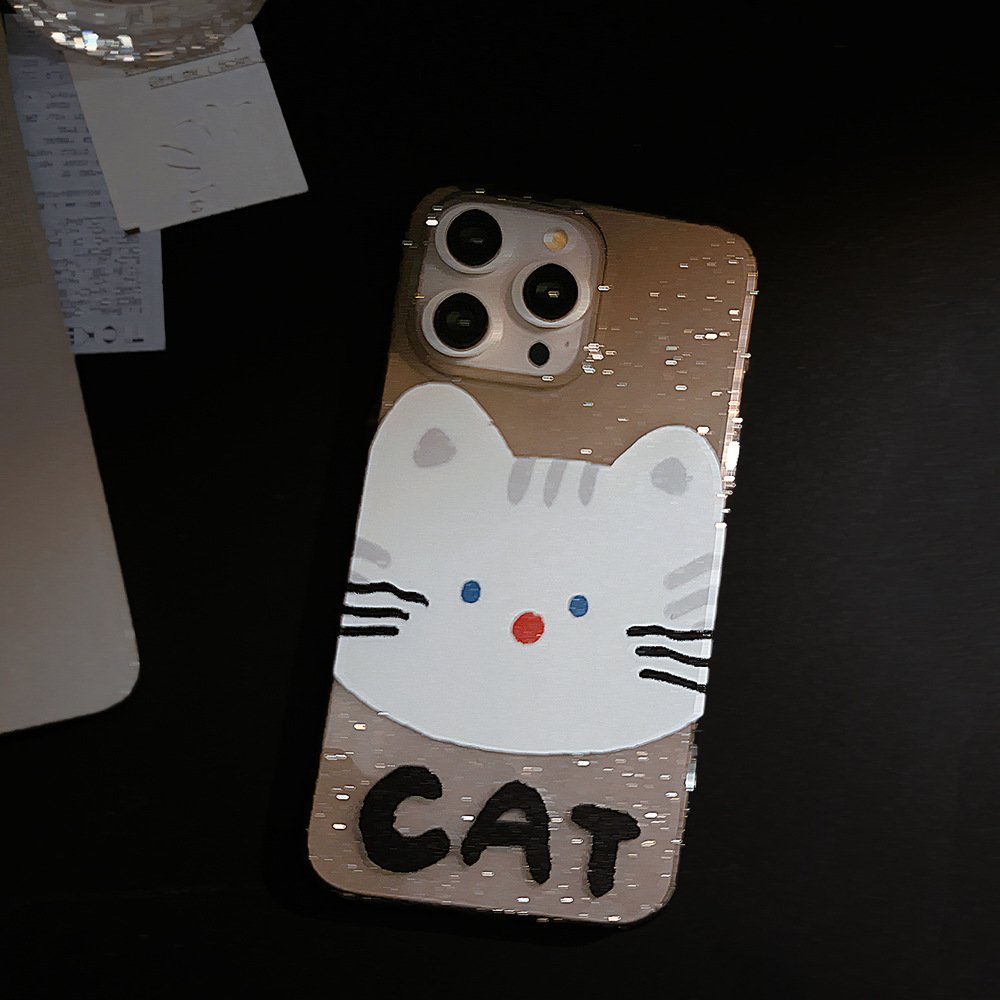 For iPhone 15 14 13 12 11 Pro Max Transparent Black Soft TPU Cute Cartoon Big Face Cat Shiny Mobile Phone Case