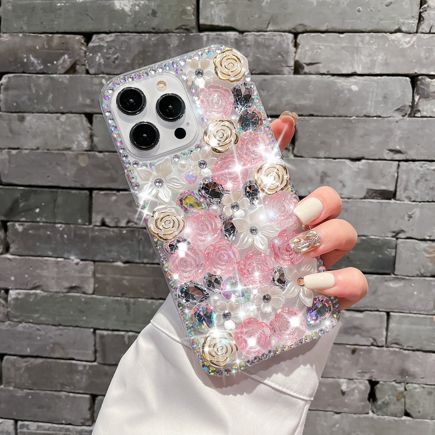 Bling Flower Diamond TPU Mobile Phone Case For iPhone 15 14 13 12 11 Pro max Fashion clear Rose Luxury Shockproof Back Cover