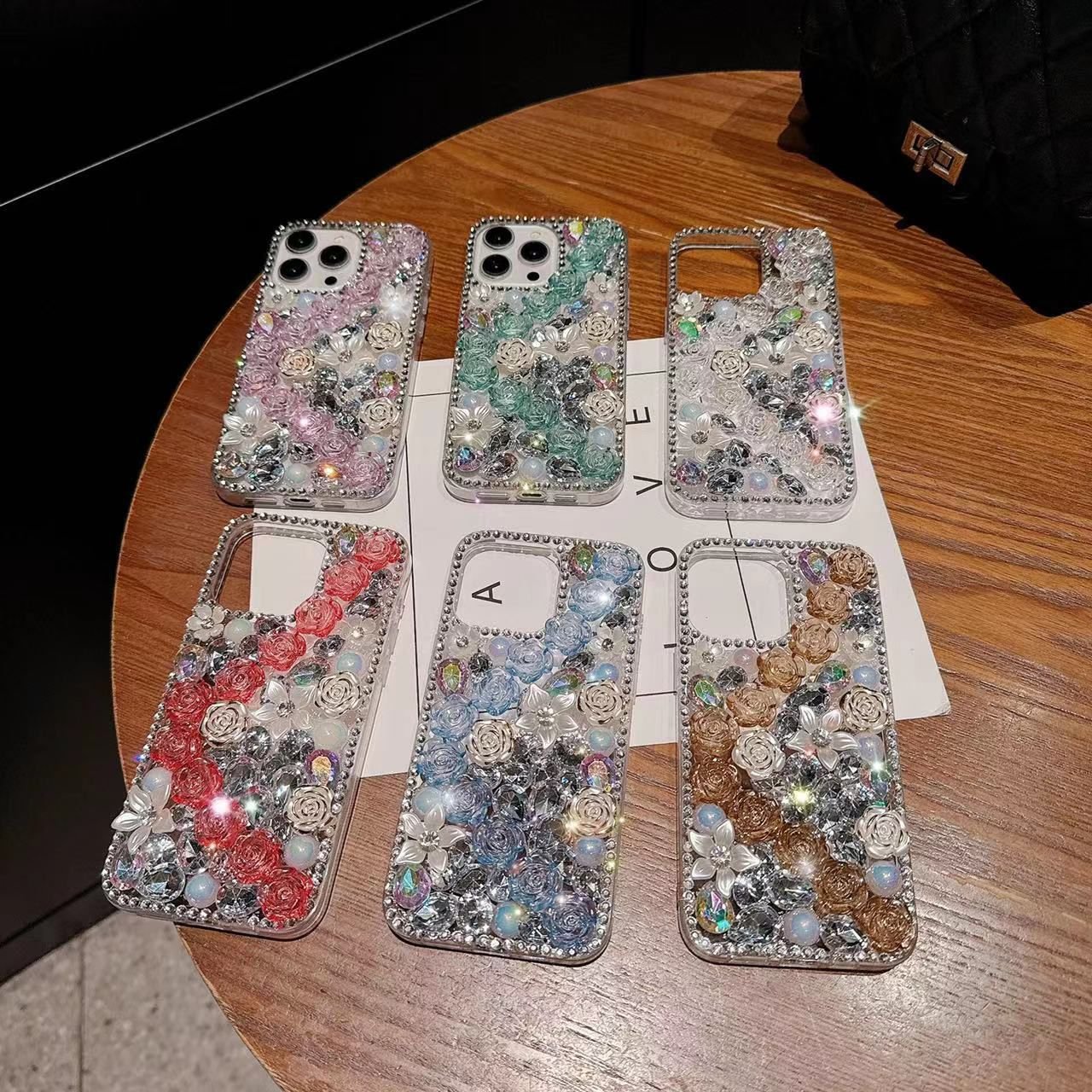 Bling Flower Diamond TPU Mobile Phone Case For iPhone 15 14 13 12 11 Pro max Fashion clear Rose Luxury Shockproof Back Cover