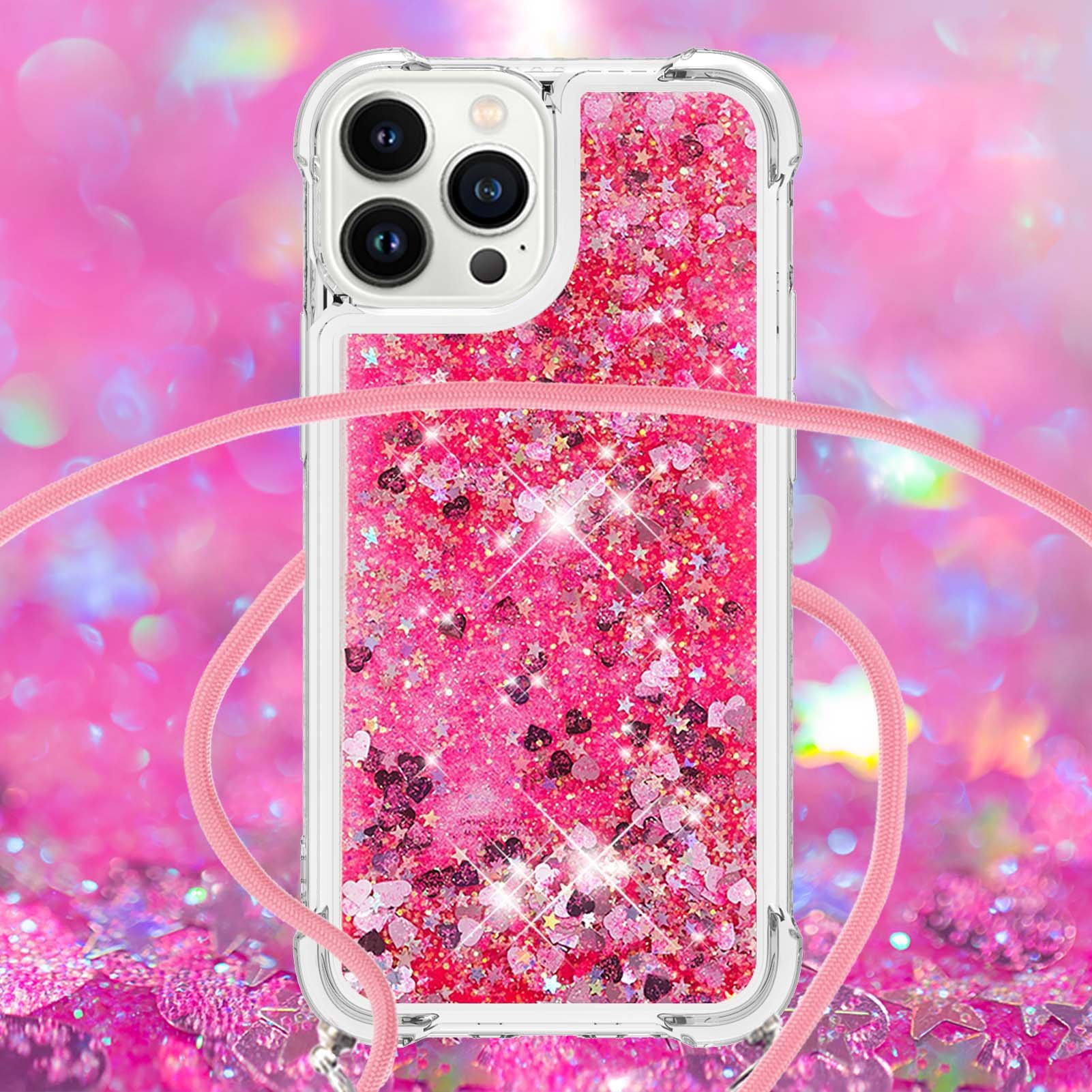 quicksand glitter air cushion luxury case for iphone 15 pro max shoulder strap phone cover for iphone 14 13 pixel 8pro poco f5