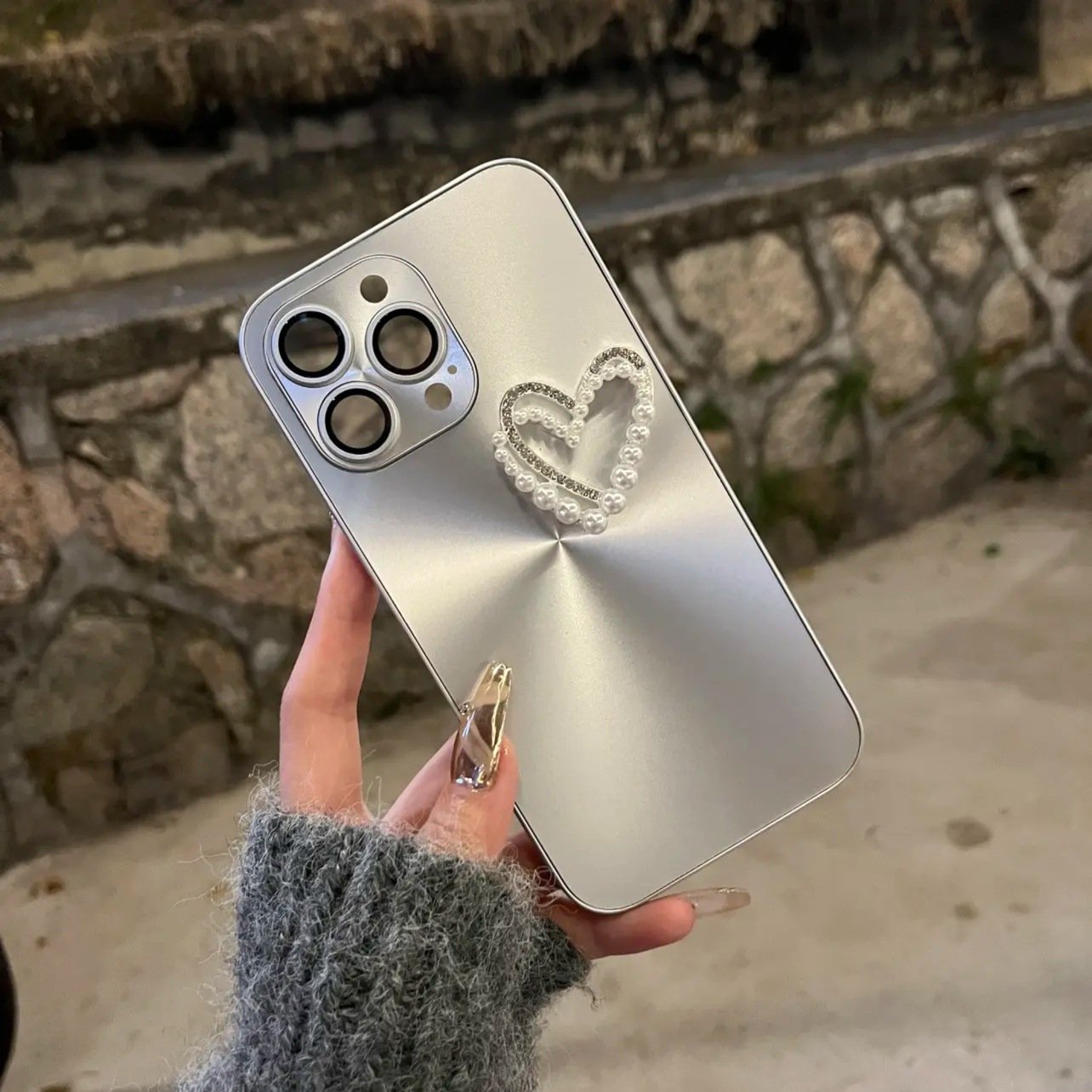 New Luxury Aurora Rhinestone pearl Love Heart Phone Case For Iphone 15 14 13 11 12 Pro Max fashion sparkling Anti-fall Cover