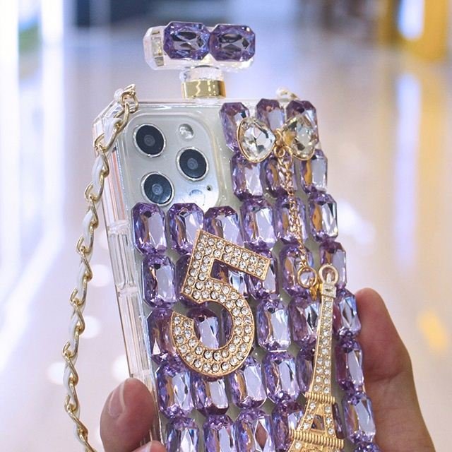 Fancy Bling Perfume Bottle Diamond Cell Phone Case Back Cover with Hand Strap for iPhone 14 13 12 11 Pro Max XR XS 8 7 Plus