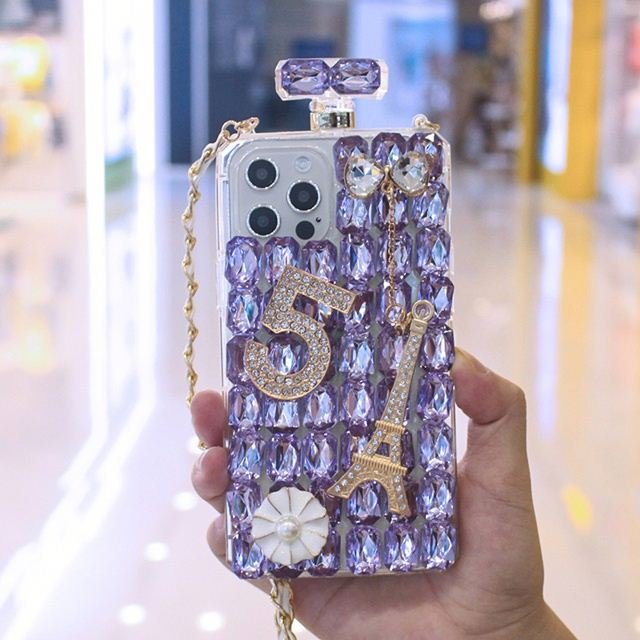 Fancy Bling Perfume Bottle Diamond Cell Phone Case Back Cover with Hand Strap for iPhone 14 13 12 11 Pro Max XR XS 8 7 Plus