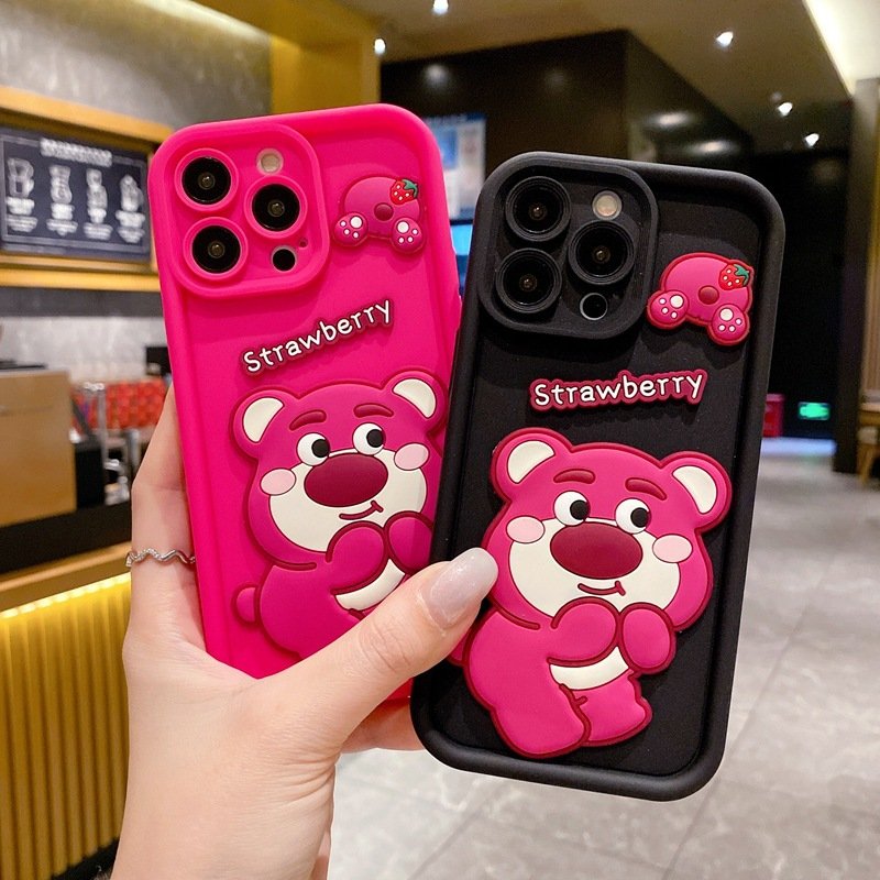 Creative design cute strawberry bear phone case for iphone 11 12 13 14 15 promax xsmax stereo cartoon mobile phone accessories