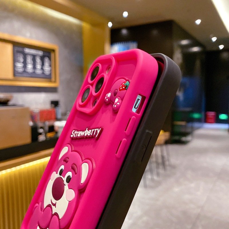 Creative design cute strawberry bear phone case for iphone 11 12 13 14 15 promax xsmax stereo cartoon mobile phone accessories