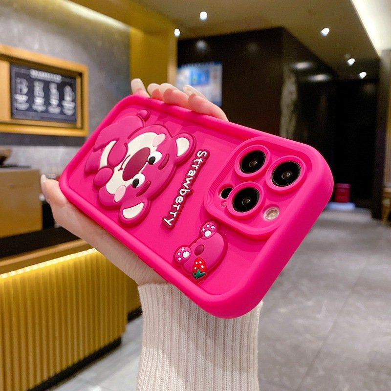 Creative design cute strawberry bear phone case for iphone 11 12 13 14 15 promax xsmax stereo cartoon mobile phone accessories