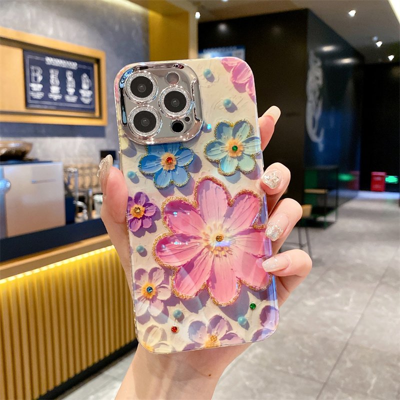 High-end blue diamond oil painting flower mobile phone case for iPhone16promax 14pro 13 fall protection case 12 11 women 15max