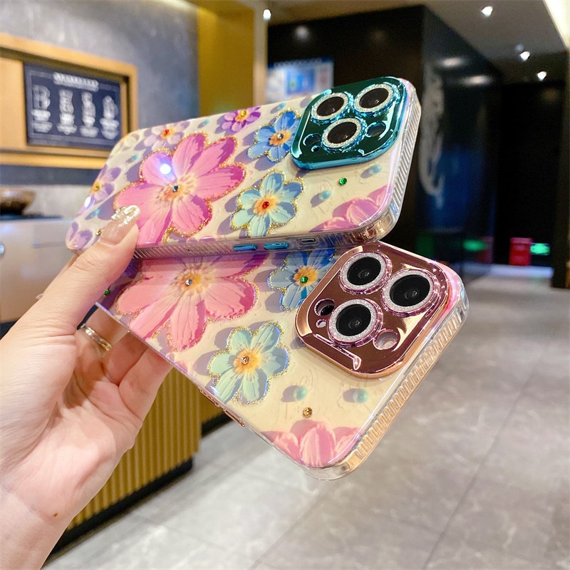 High-end blue diamond oil painting flower mobile phone case for iPhone16promax 14pro 13 fall protection case 12 11 women 15max