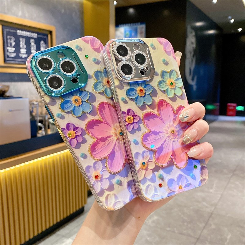 High-end blue diamond oil painting flower mobile phone case for iPhone16promax 14pro 13 fall protection case 12 11 women 15max