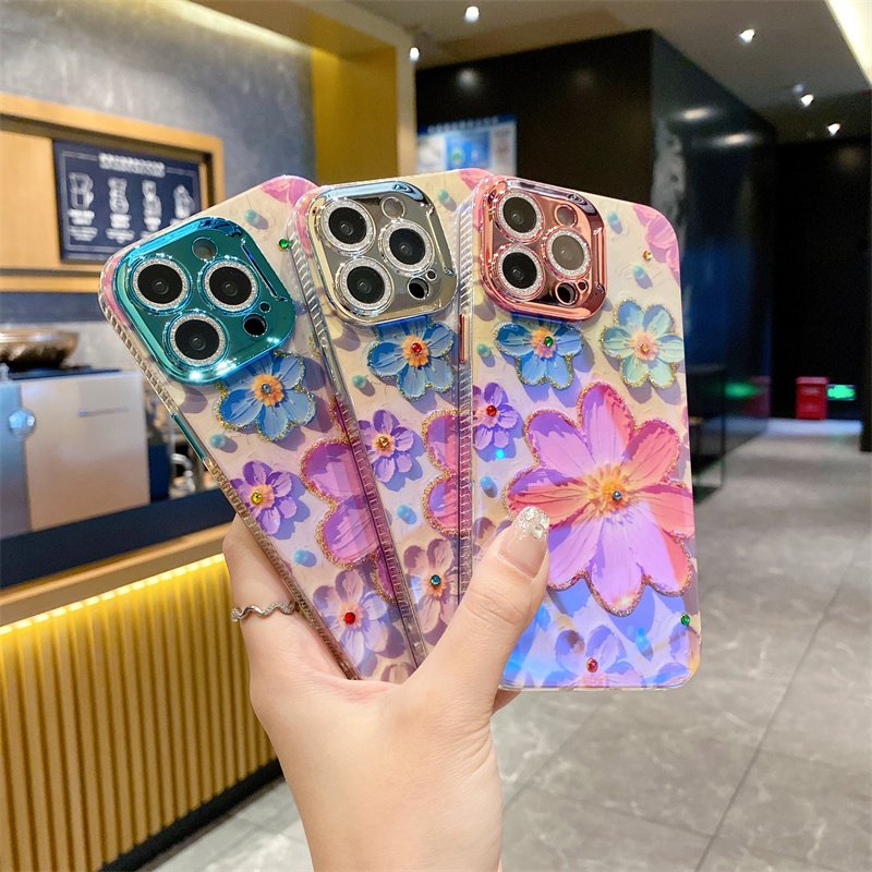 High-end blue diamond oil painting flower mobile phone case for iPhone16promax 14pro 13 fall protection case 12 11 women 15max