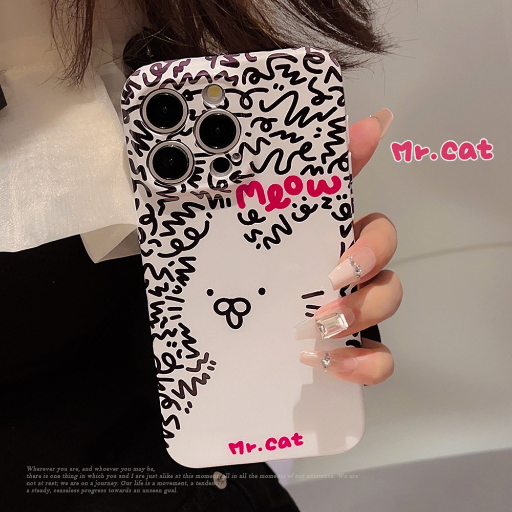 For iPhone 15 14 13 12 11 Pro Max XR X XS XSmax 7 8 plus All-inclusive Cartoon Art Graffiti Cat Mobile Phone Case