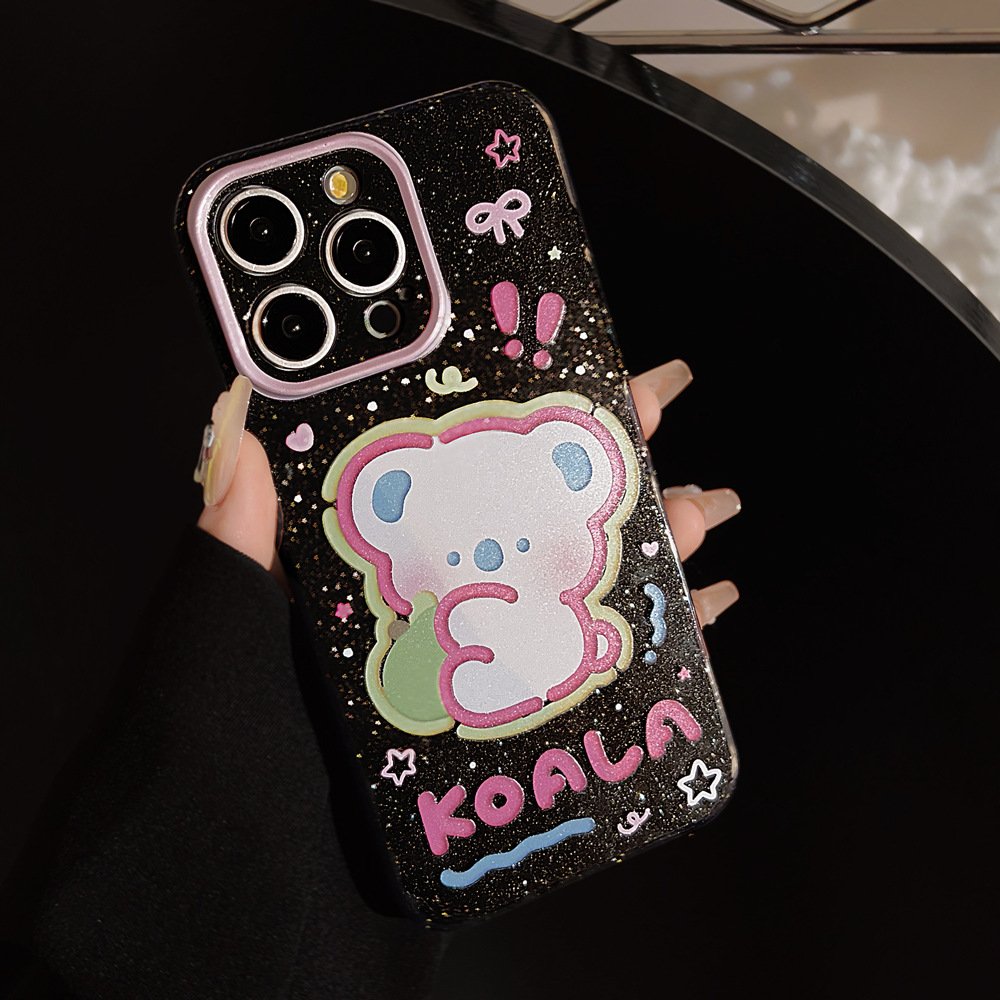 For iPhone 15 14 13 12 11 Pro Max Black All-inclusive Soft TPU Cute Cartoon Koala Glitter Mobile Phone Protective Case