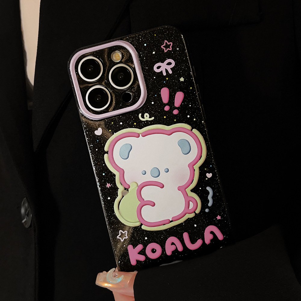 For iPhone 15 14 13 12 11 Pro Max Black All-inclusive Soft TPU Cute Cartoon Koala Glitter Mobile Phone Protective Case