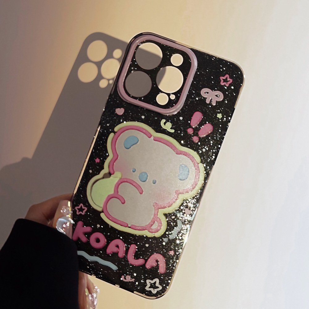 For iPhone 15 14 13 12 11 Pro Max Black All-inclusive Soft TPU Cute Cartoon Koala Glitter Mobile Phone Protective Case