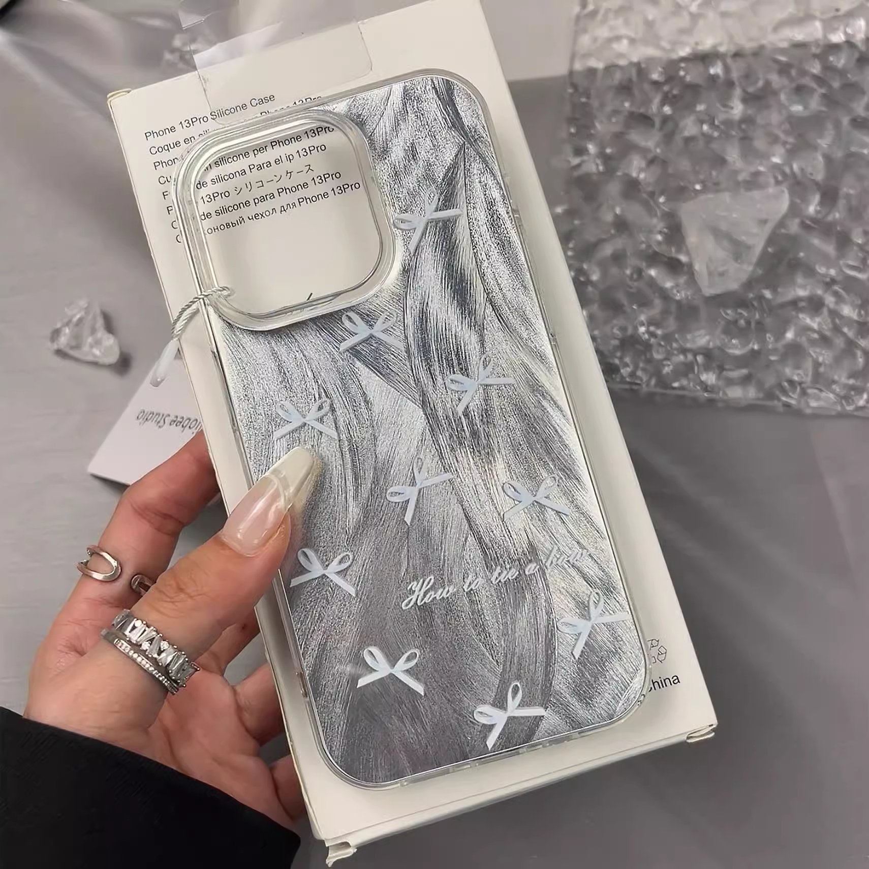 New INS Cute Blue bow Feather yarn phone case for iPhone 16 15 14 13 11 12 Pro Max Cartoon with chain transparent IMD Hard Cover