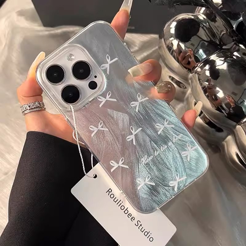 New INS Cute Blue bow Feather yarn phone case for iPhone 16 15 14 13 11 12 Pro Max Cartoon with chain transparent IMD Hard Cover