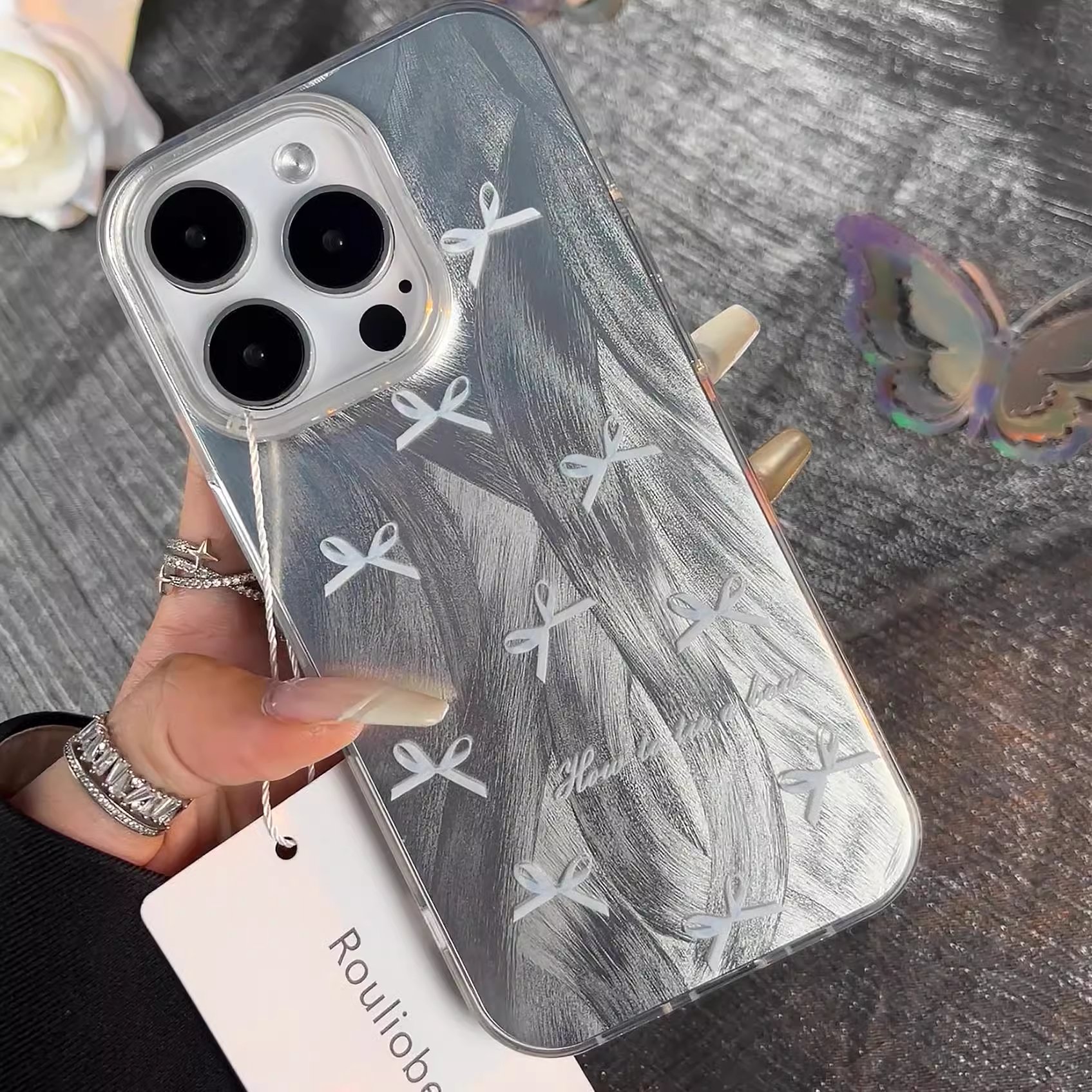 New INS Cute Blue bow Feather yarn phone case for iPhone 16 15 14 13 11 12 Pro Max Cartoon with chain transparent IMD Hard Cover
