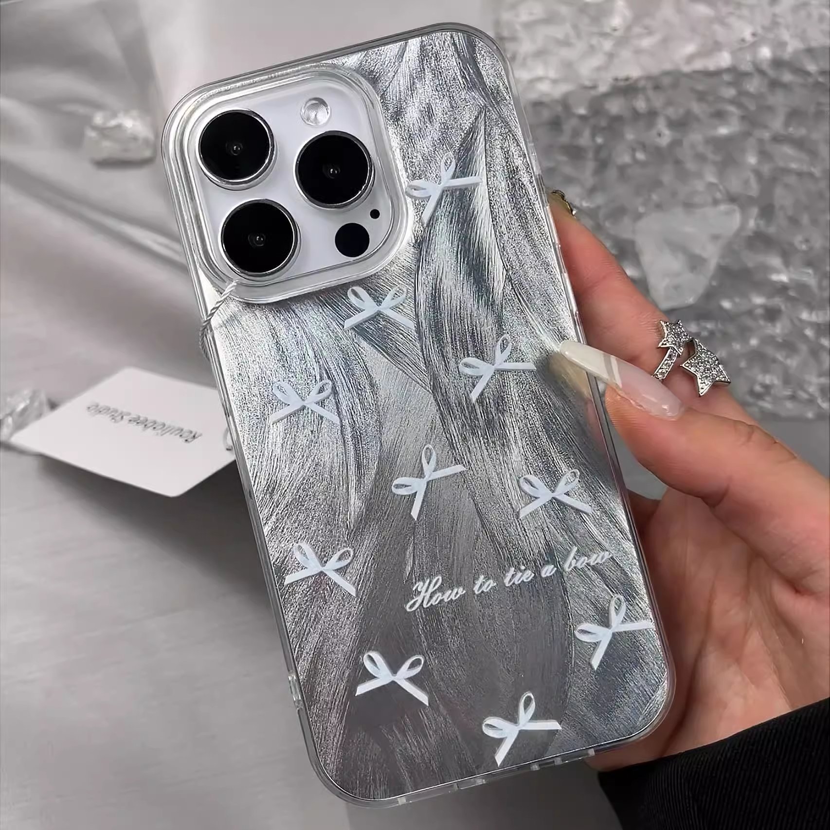 New INS Cute Blue bow Feather yarn phone case for iPhone 16 15 14 13 11 12 Pro Max Cartoon with chain transparent IMD Hard Cover