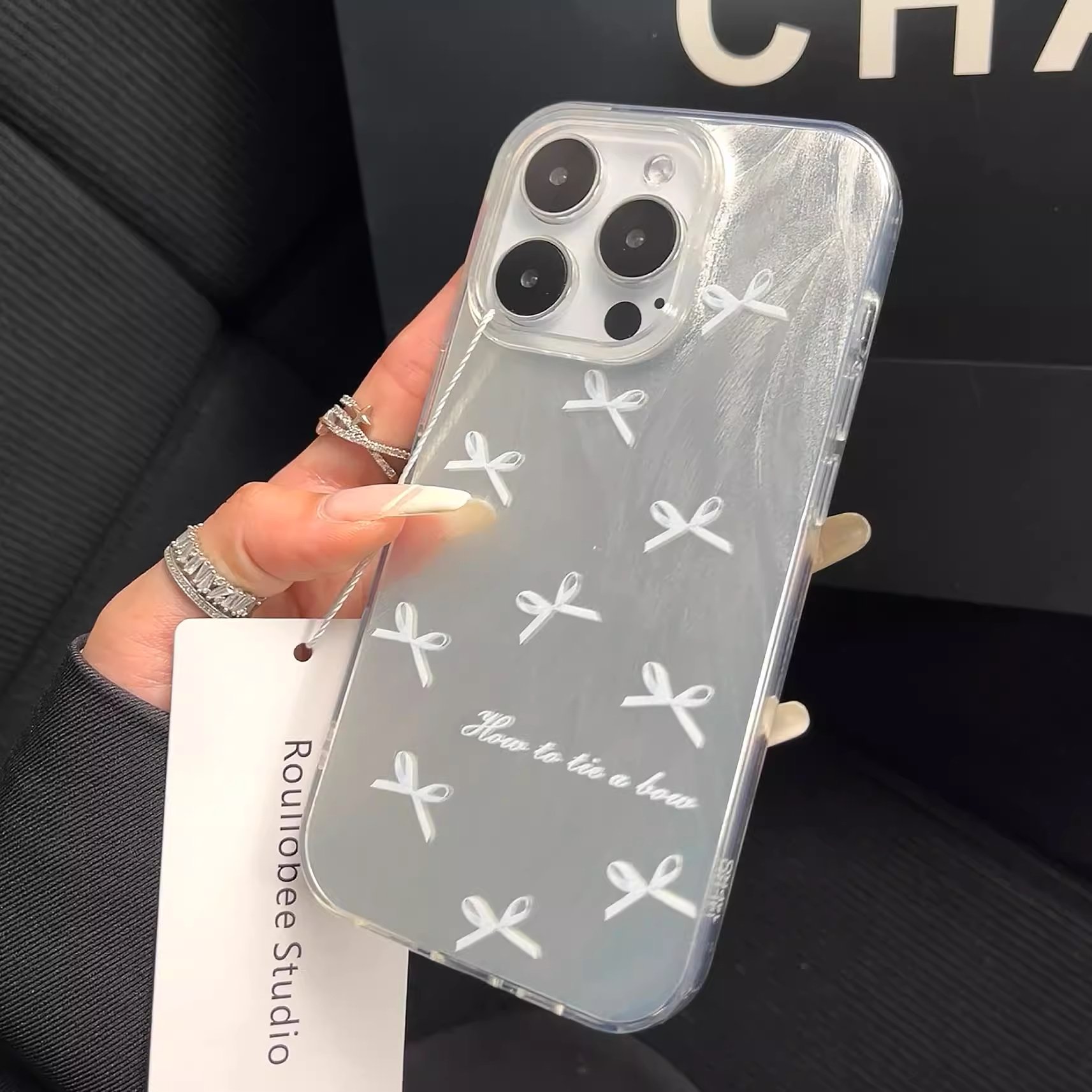 New INS Cute Blue bow Feather yarn phone case for iPhone 16 15 14 13 11 12 Pro Max Cartoon with chain transparent IMD Hard Cover
