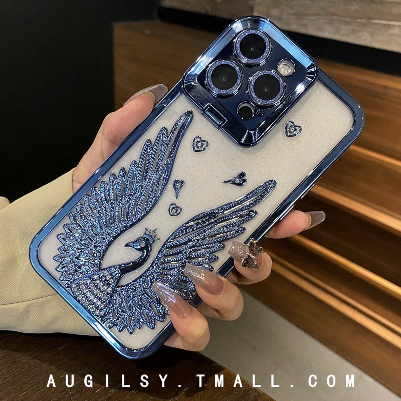 Luxury Glitter Diamond Swan Mobile Phone Case For iPhone 15 14 13 12 11 Pro Max Transparent Glass Lens Holder Protect Back Cover